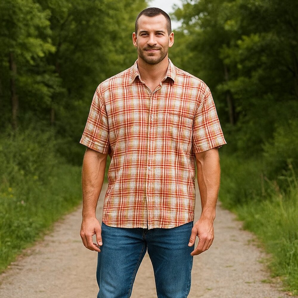 Bugatchi Uomo Linen Men L Orange Plaid Button Down Short Sleeve Coastal Shirt